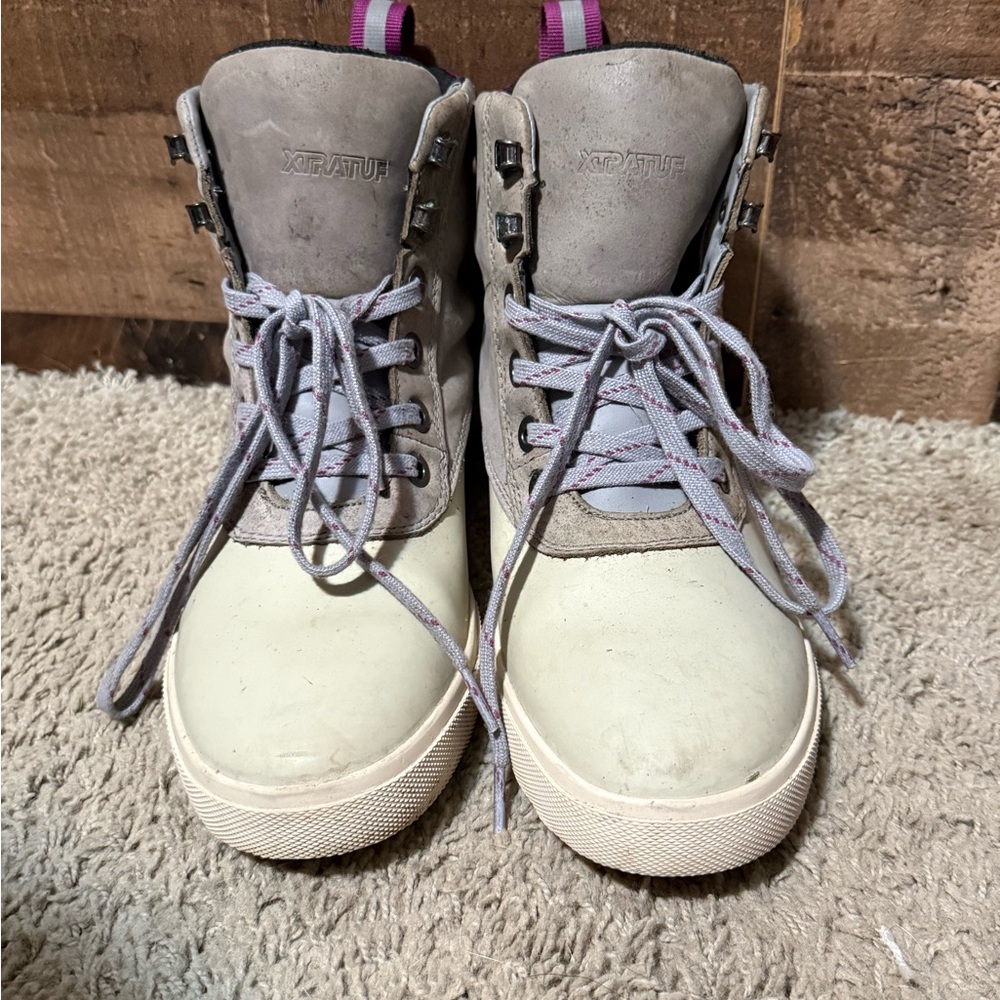 Gray and Cream High-Top XtraTuf’s